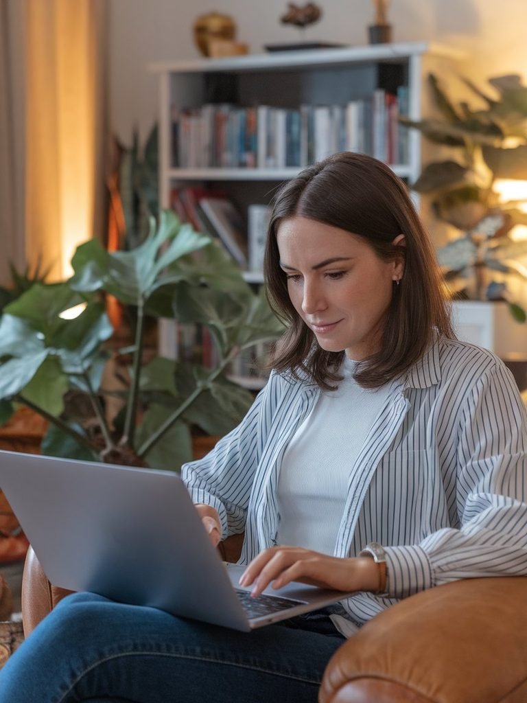 Woman researching a company website on a laptop before a job interview