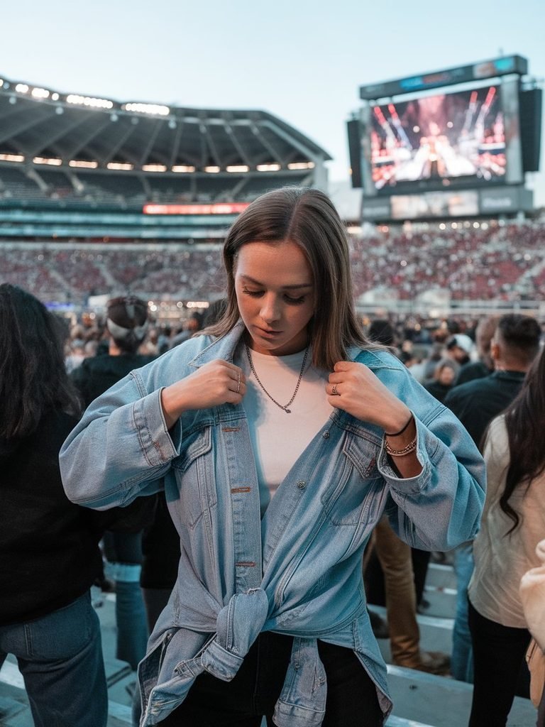 Woman tying a denim jacket around her waist at an outdoor stadium concert
