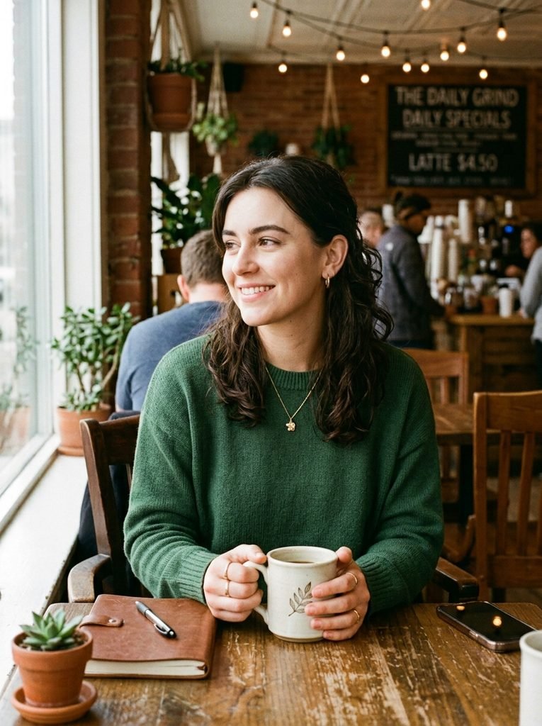 Woman wearing grown-out curtain bangs tucked behind her ear at a cafe