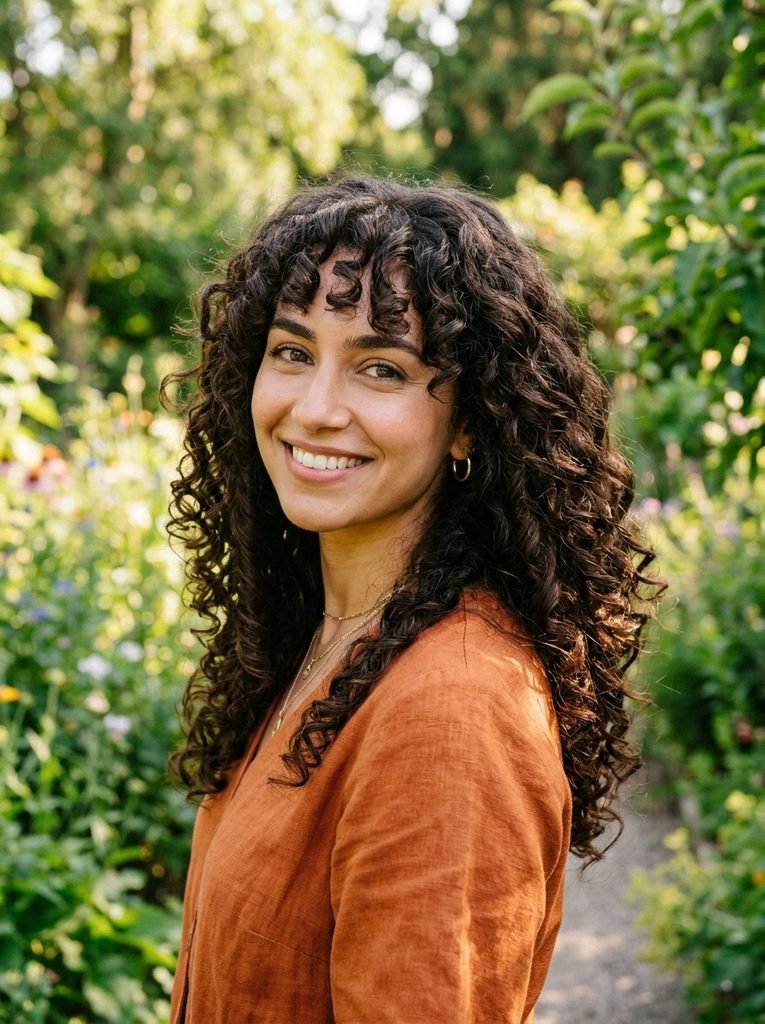 Woman with curly curtain bangs and defined natural curls