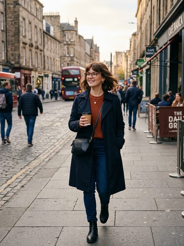 Woman with glasses and bottleneck bangs sweeping toward her cheekbones in a city setting