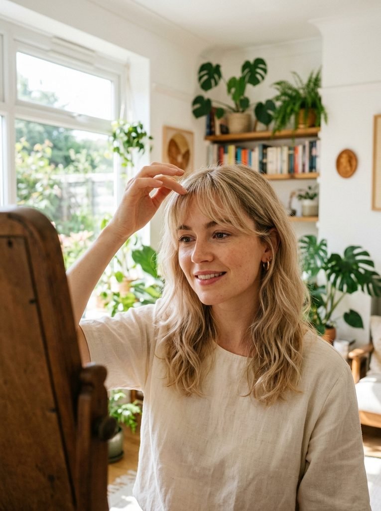 Woman with light, airy bottleneck bangs adjusting her fringe by hand in a bright room