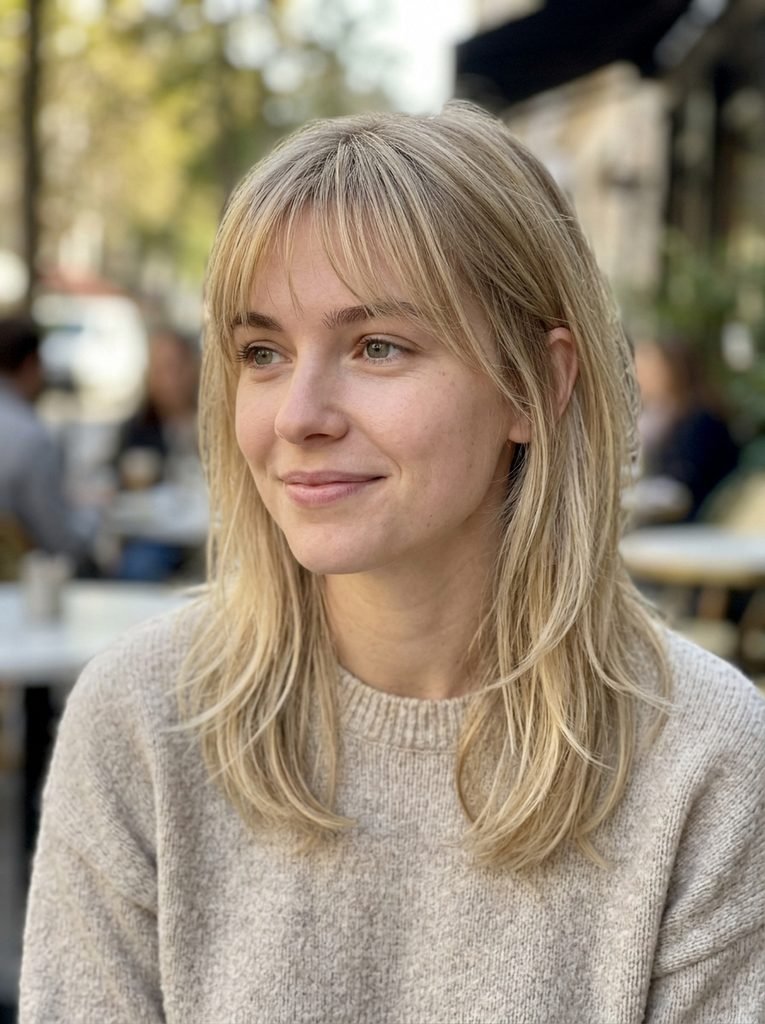 Woman with thin see-through wispy bangs on fine blonde hair