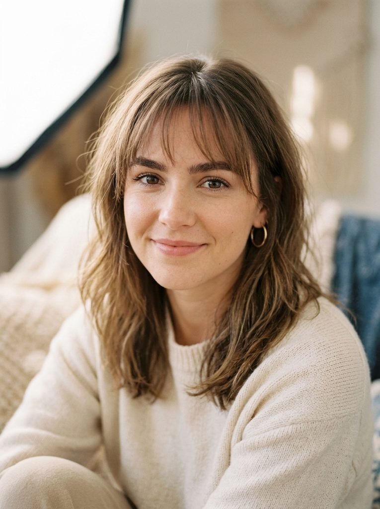 Woman with wispy bangs framing her eyes in a soft studio portrait