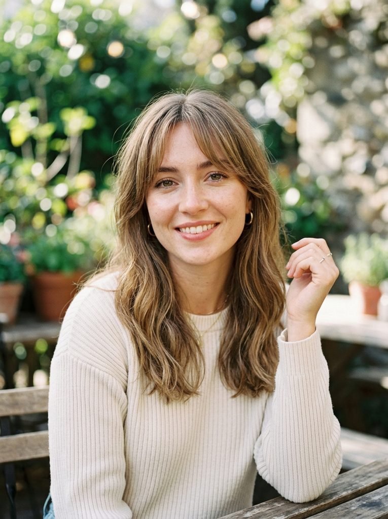 Woman with wispy curtain bangs that are parted in the center and lightly thinned