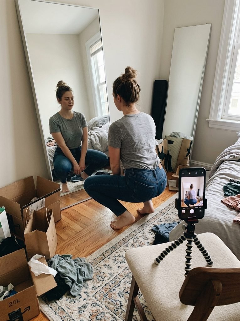 Woman testing jeans fit by crouching in front of a mirror with a phone set up to photograph the back view