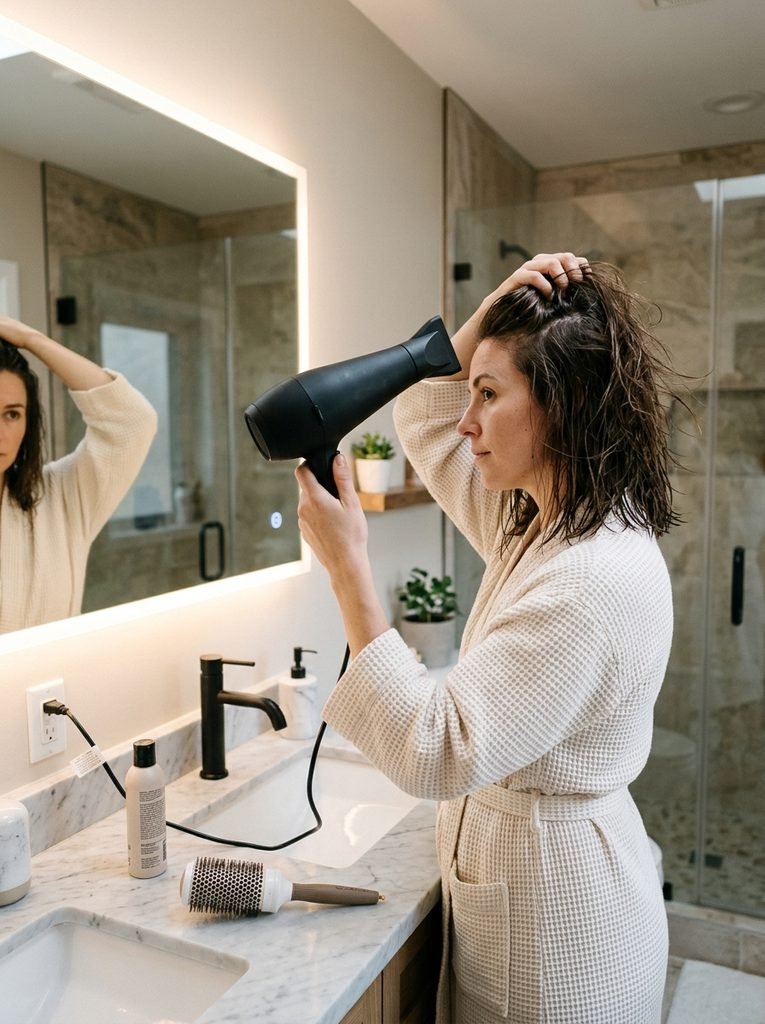 Woman drying a collarbone lob at the roots with a dryer in a modern bathroom
