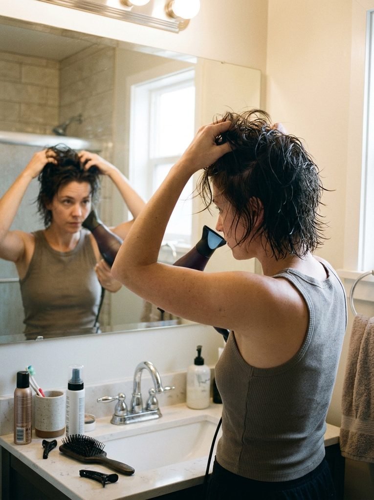 Woman drying and lifting the roots of a bixie cut at a bathroom counter