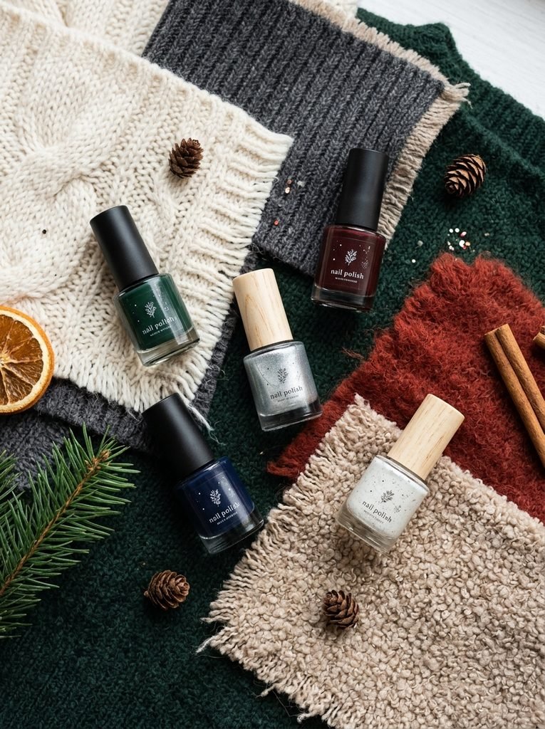 Winter nail polish bottles arranged on wool and knit fabric swatches