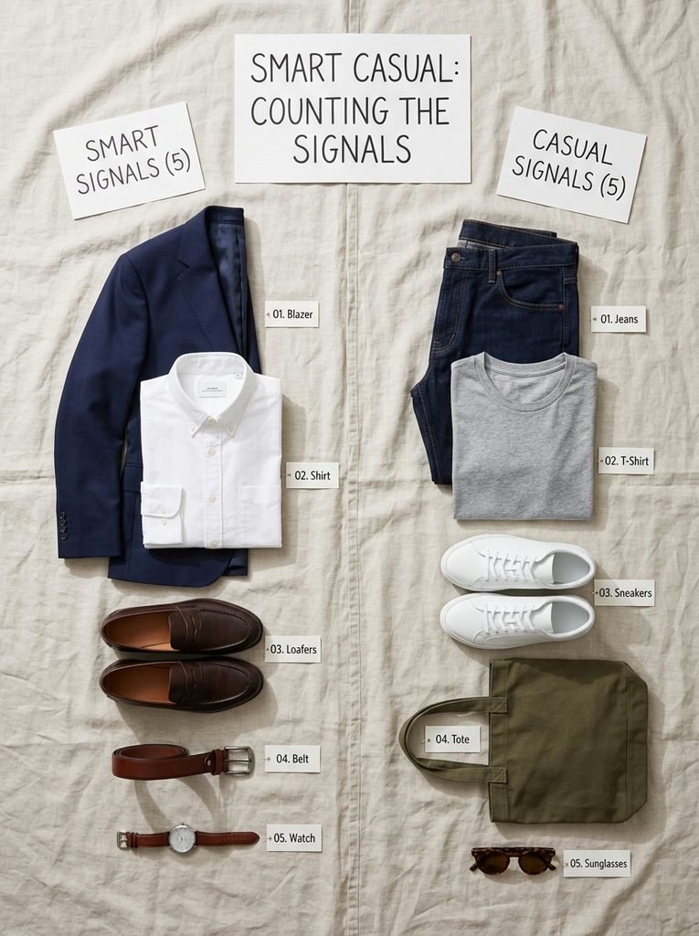 Flat lay comparing smart pieces and casual pieces to count signals in a smart casual outfit