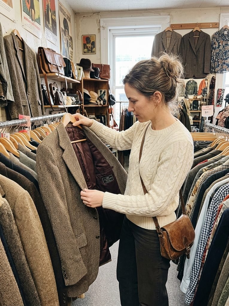 Woman checking the lining of a tweed jacket while shopping secondhand for old money outfit pieces