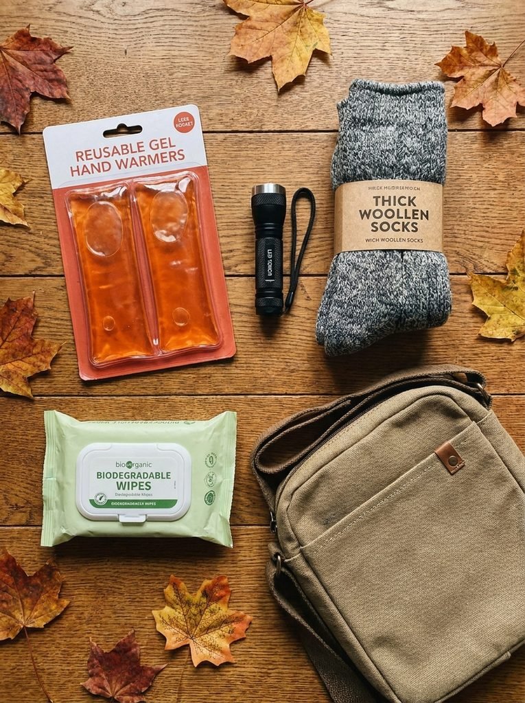 Hand warmers, torch, spare socks, wipes and crossbody bag laid out for Bonfire Night