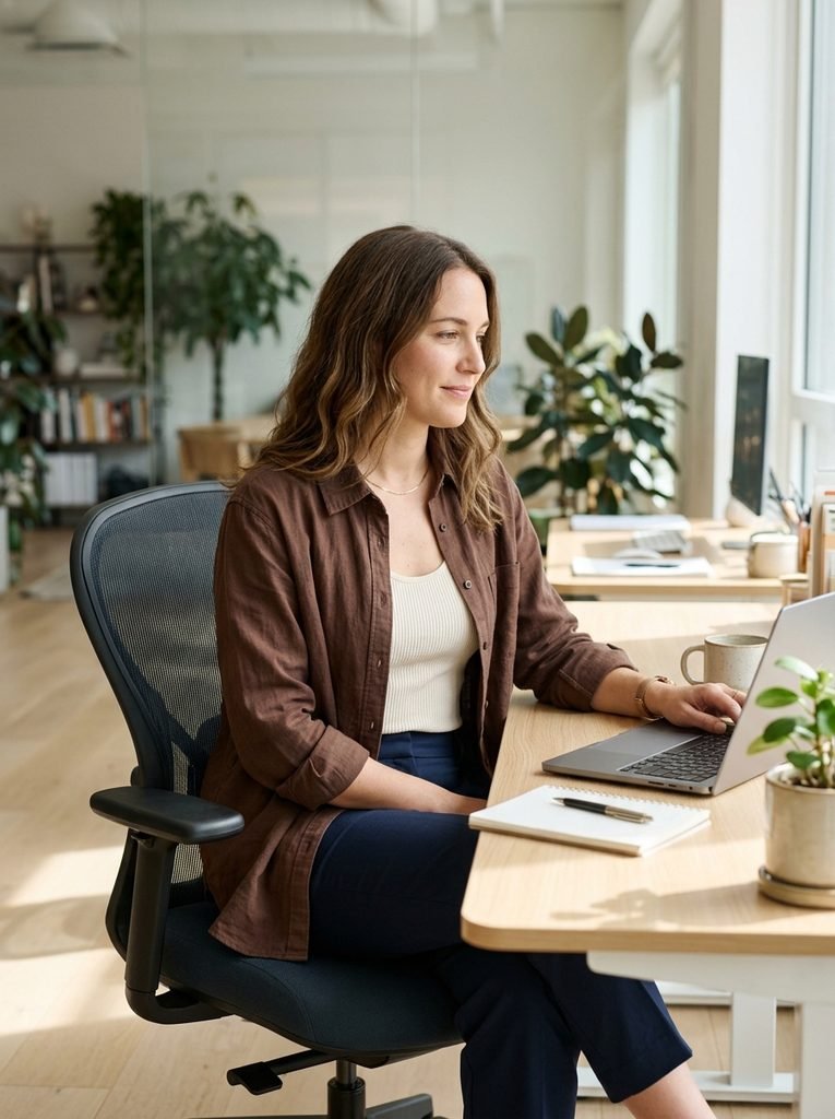 Woman in a chocolate shirt jacket over a cream tank with navy trousers at a bright office desk