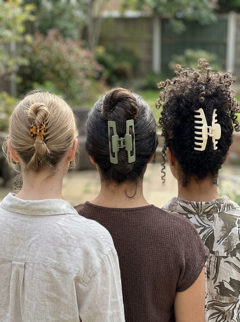 Three women seen from behind with fine, thick, and curly hair each styled in a suitable claw clip