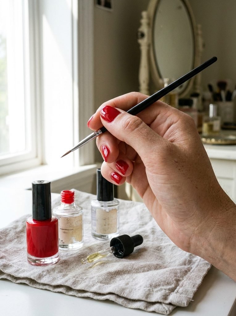 Applying red nail polish neatly with a base coat and cuticle oil on a vanity
