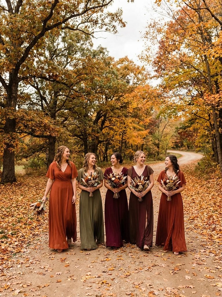 Bridesmaids in rust, olive, and burgundy dresses on an autumn path with fallen leaves