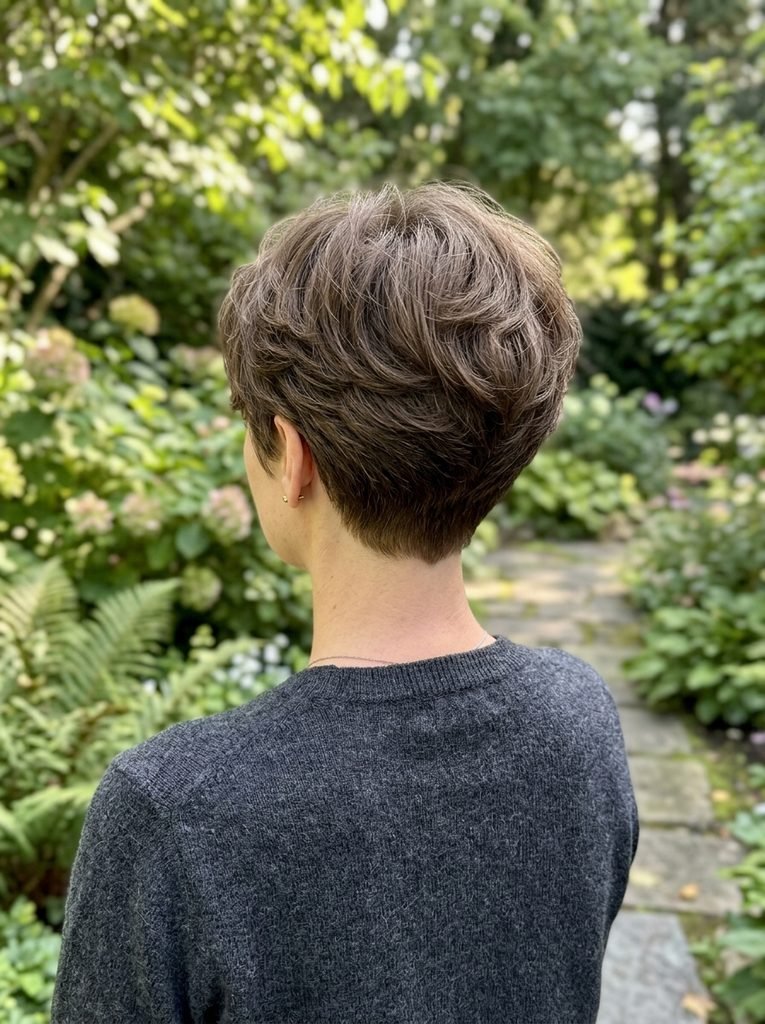 Back view of a grown-out pixie with a neat tapered nape and soft crown