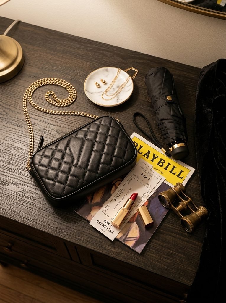 Small crossbody bag, gold stud earrings, chain necklace, and compact umbrella laid out for a theatre evening