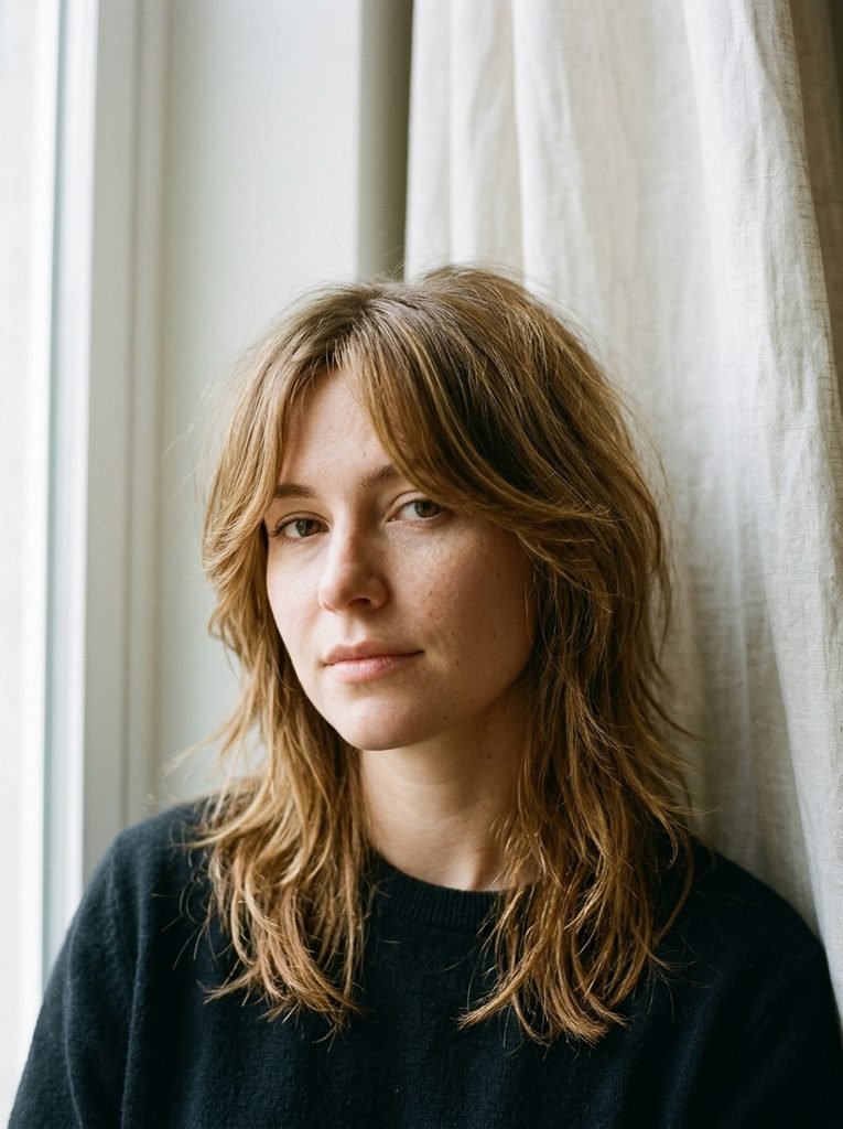Close portrait of a wolf cut with soft center-parted curtain bangs