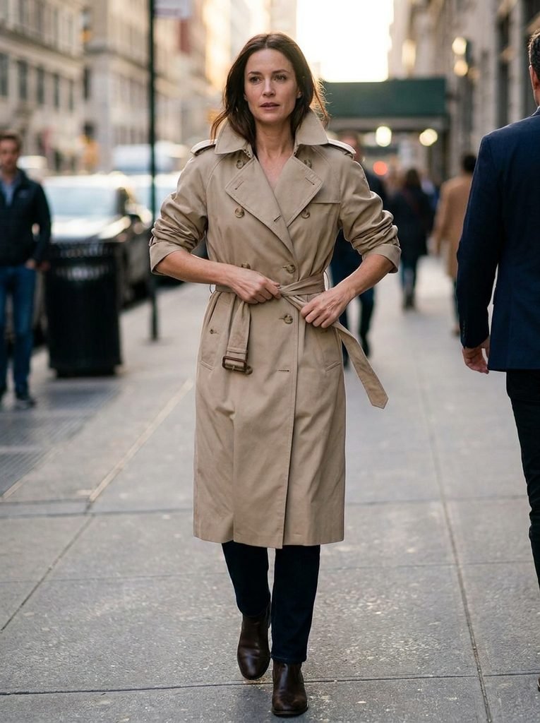 Woman tying a trench coat belt in a loose knot with the collar turned up and sleeves pushed up