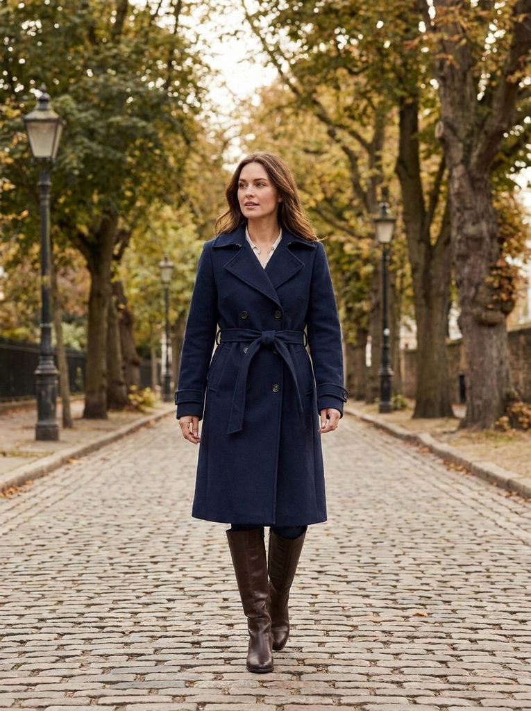Woman in a navy belted wool coat with knee-high boots walking along a tree-lined street