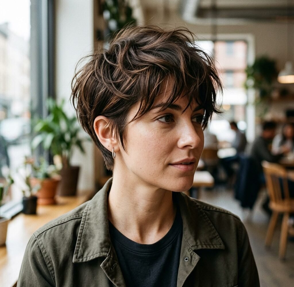 Woman with a textured bixie cut showing short tapered sides and a longer swept top