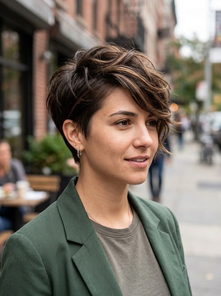 Woman with a textured bixie cut showing short tapered sides and a longer swept top