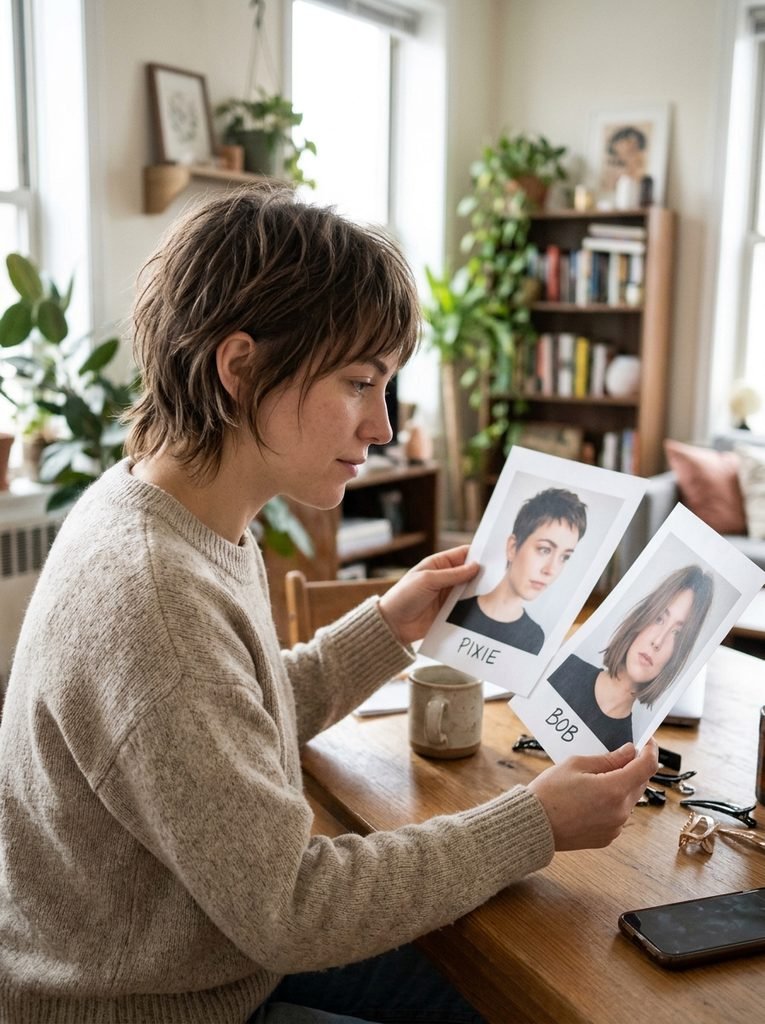Woman with a bixie cut comparing reference photos of pixie and bob haircuts
