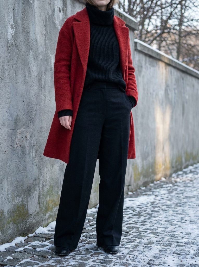 Red wool coat styled with black knitwear and trousers against a grey wall in winter light