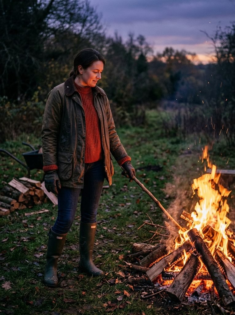 Woman in a rust jumper, waxed jacket, wellies and gloves beside a bonfire at dusk
