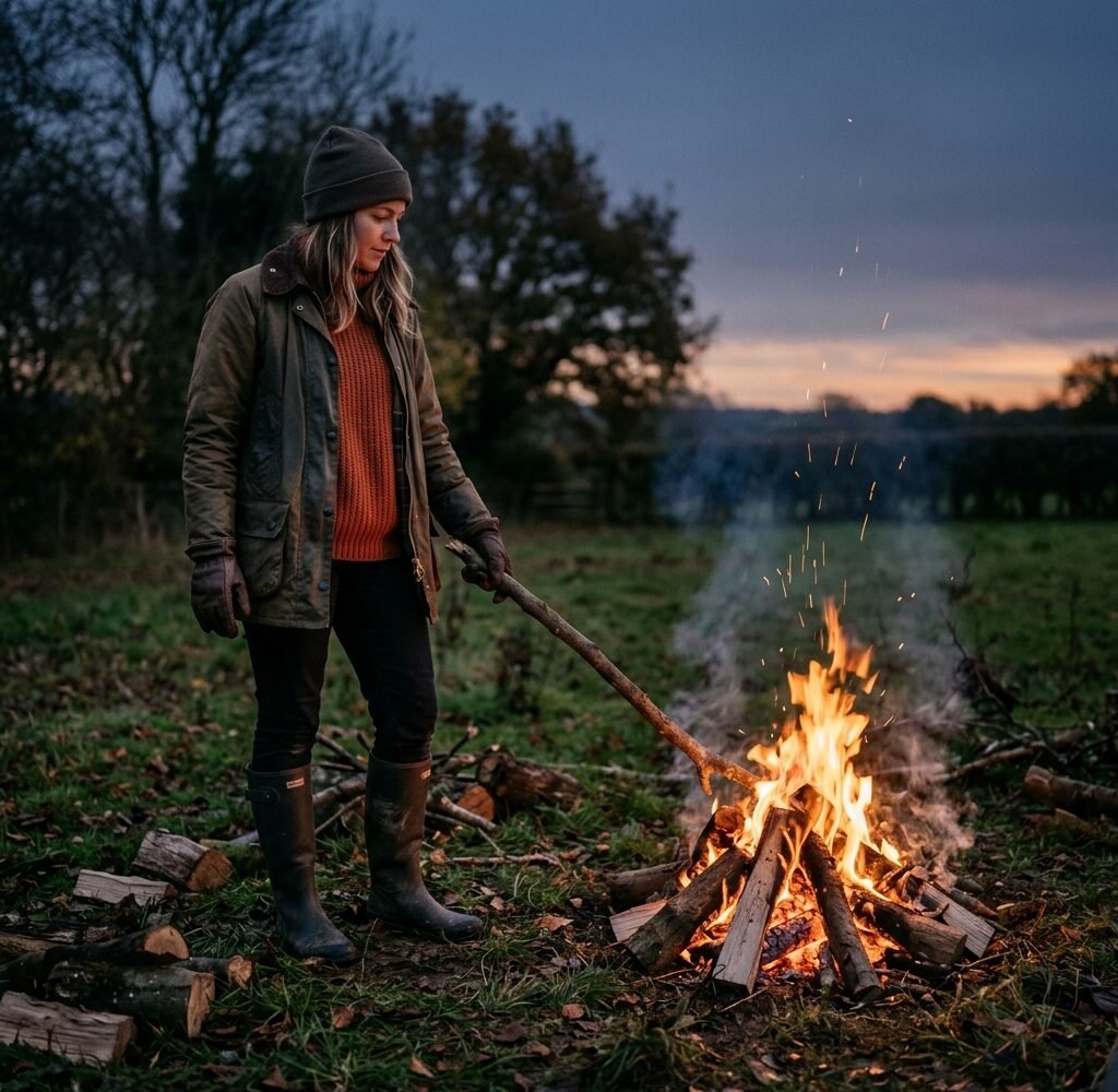 Woman in a rust jumper, waxed jacket, wellies and gloves beside a bonfire at dusk