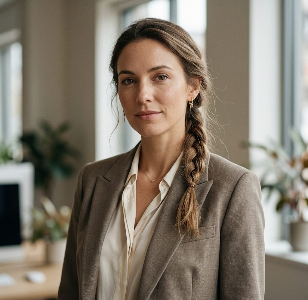 Woman with a neat low side braid wearing a cream blouse and taupe blazer for work.