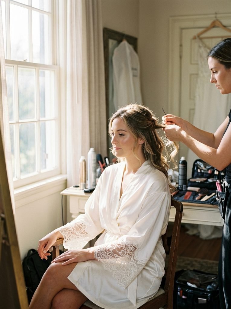 Bride in an ivory satin robe with lace cuffs getting her hair styled by a sunlit window