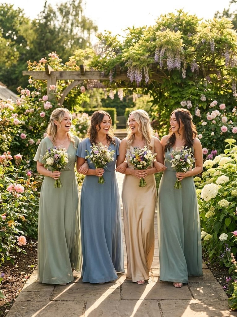 Bridesmaids in sage, dusty blue, and champagne dresses walking through a sunlit garden venue