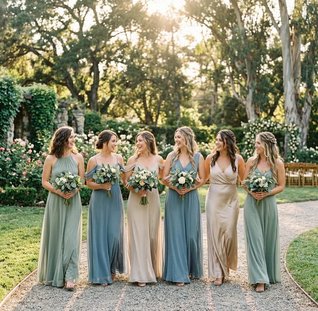Bridesmaids in sage, dusty blue, and champagne dresses walking through a sunlit garden venue