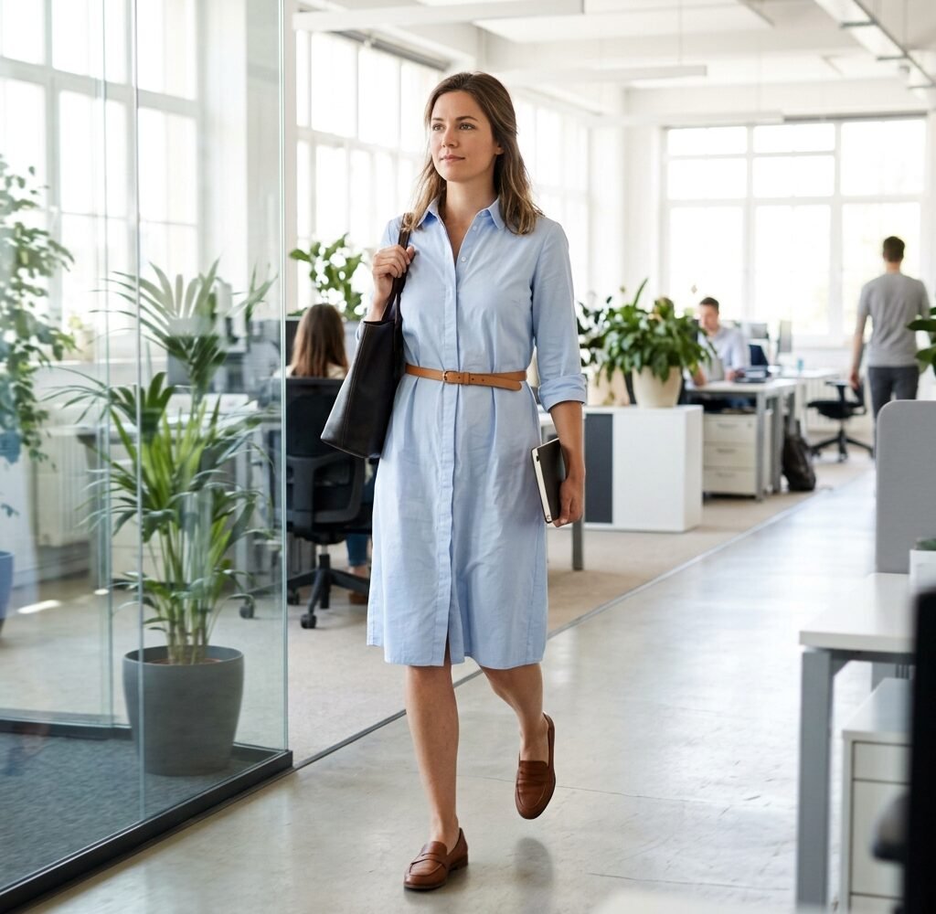 Woman in a belted pale blue shirt dress and loafers walking through a bright office as a business casual outfit without a blazer