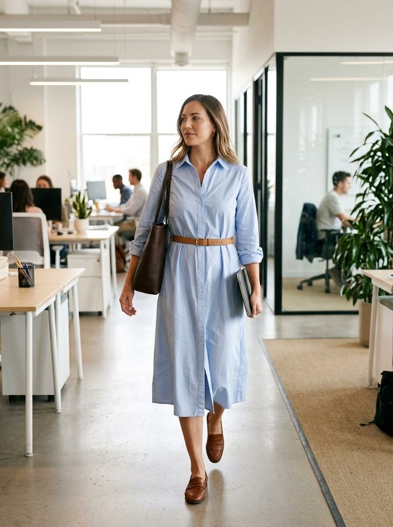Woman in a belted pale blue shirt dress and loafers walking through a bright office as a business casual outfit without a blazer