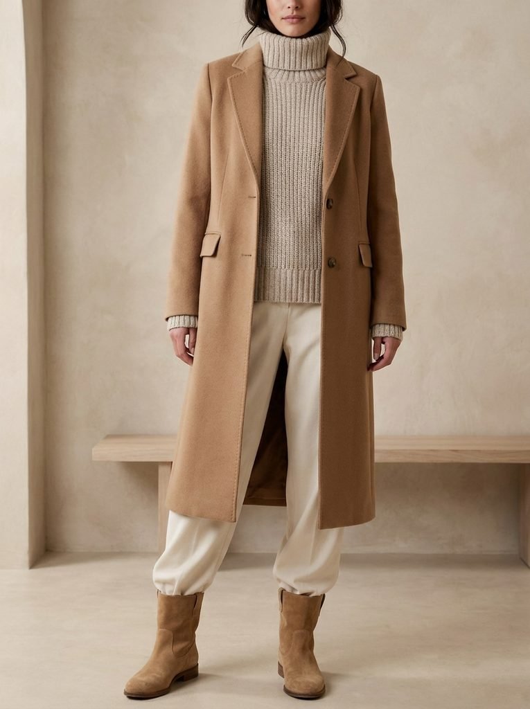 Tonal camel coat outfit with oatmeal knit, cream trousers, and tan suede boots against a neutral backdrop