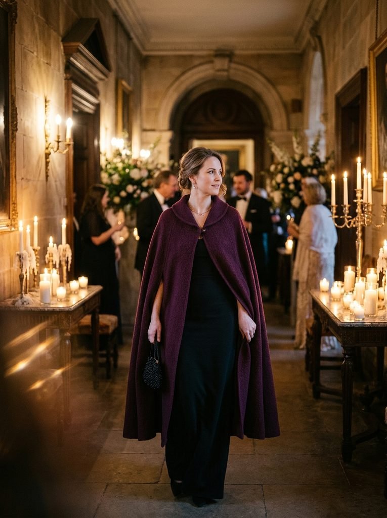 Wedding guest in a plum wool cape over a black column dress in a candlelit hallway