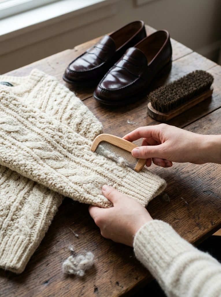 Hands combing pills from a cream wool sweater beside polished loafers and a shoe brush