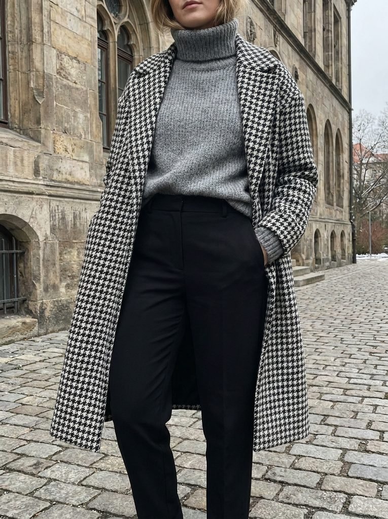 Houndstooth winter coat styled with a grey knit and black trousers in front of a stone building