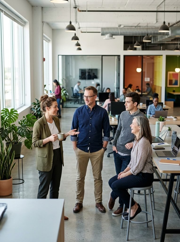 Colleagues in varied business casual outfits chatting in a bright modern office