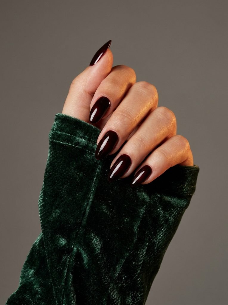 Black cherry almond nails against a dark green velvet sleeve