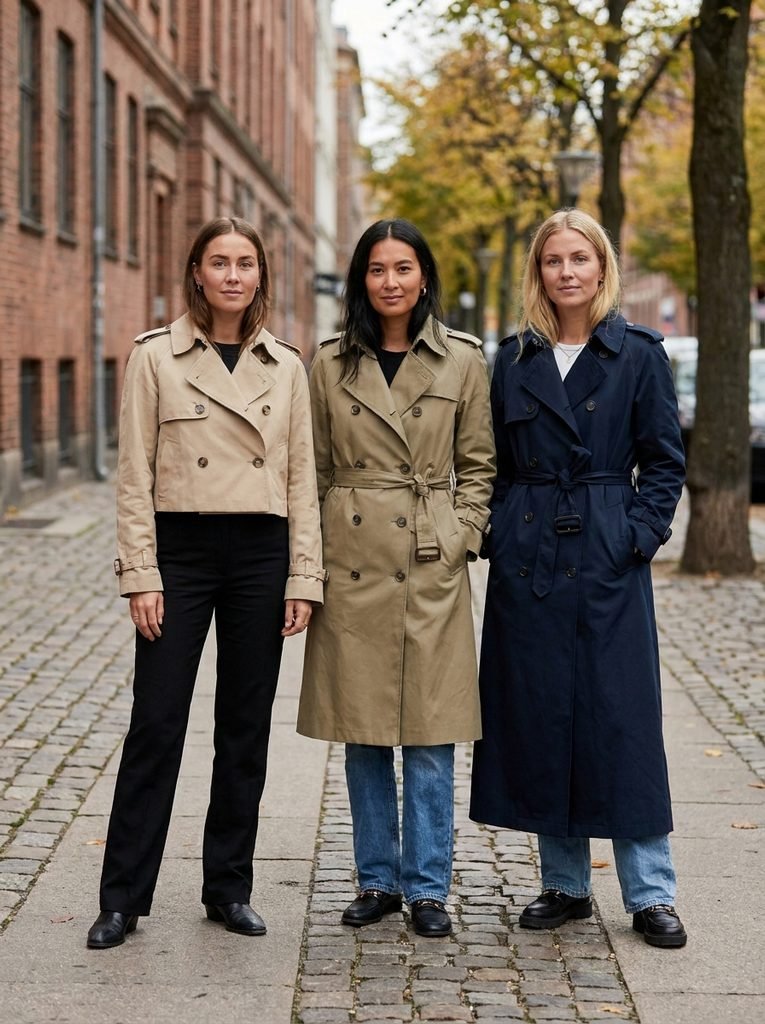 Three women wearing cropped, knee-length, and long trench coats side by side to compare lengths