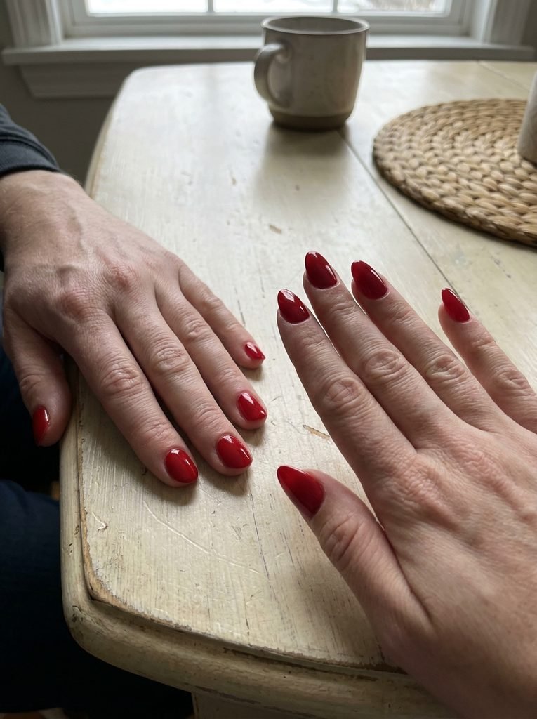 Short round and medium almond red nails shown side by side