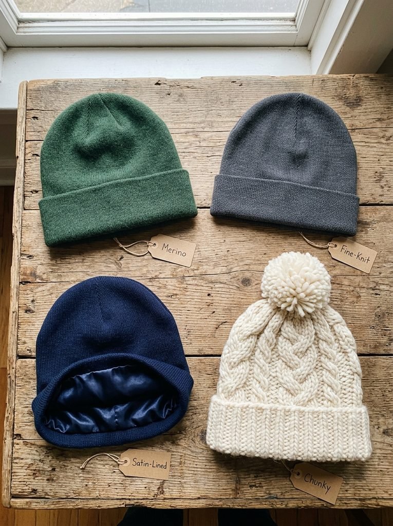 Four beanies including merino, fine-knit, satin-lined, and chunky styles laid out on a wooden table