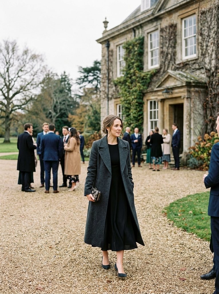 Wedding guest in a long charcoal wool coat over a black midi dress at a country house
