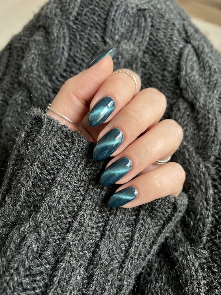 Deep teal cat eye nails resting on a chunky charcoal wool knit