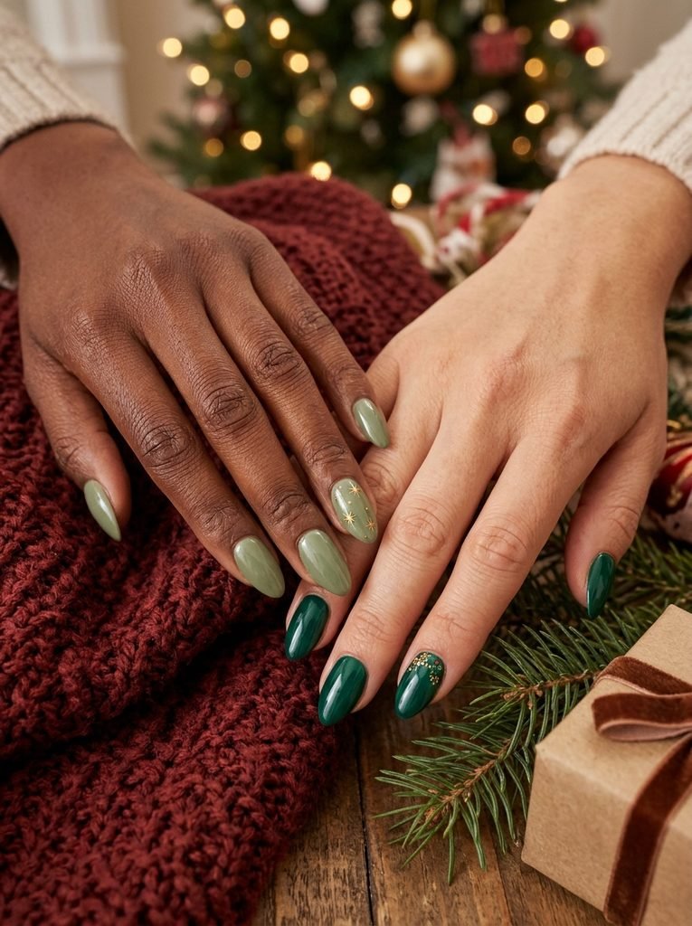 Two hands with different skin tones showing sage and emerald green Christmas nail colors