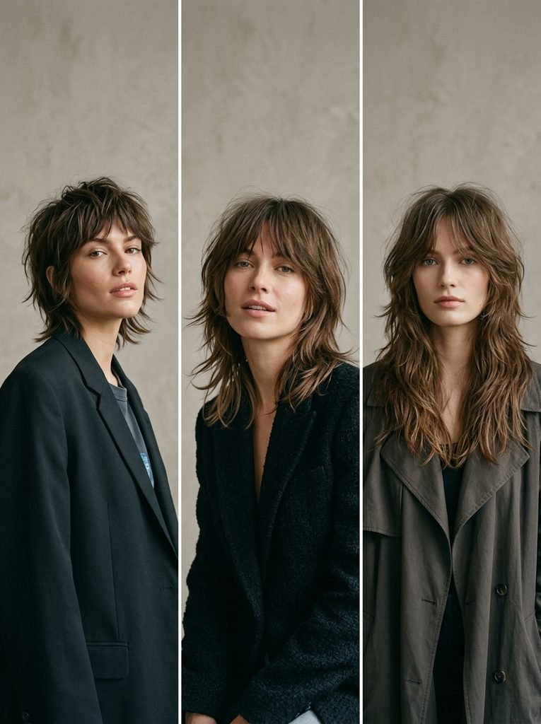 Three women showing short, medium and long wolf cut lengths side by side